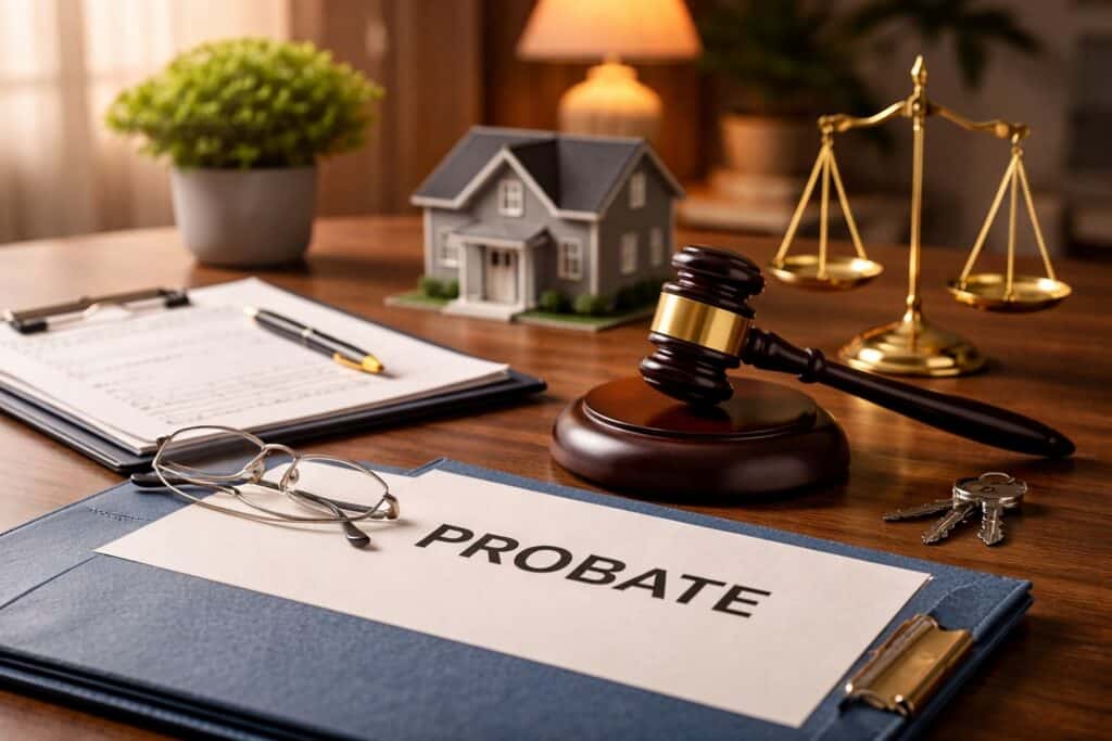 probate-bg Wooden judge gavel beside a model home resting on a book labeled “Probate Sale.”
