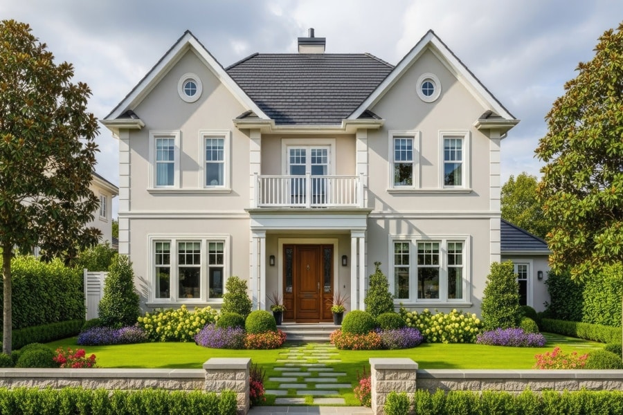 Beautiful two story single family home in Somerset County NJ with landscaped front yard and modern exterior design