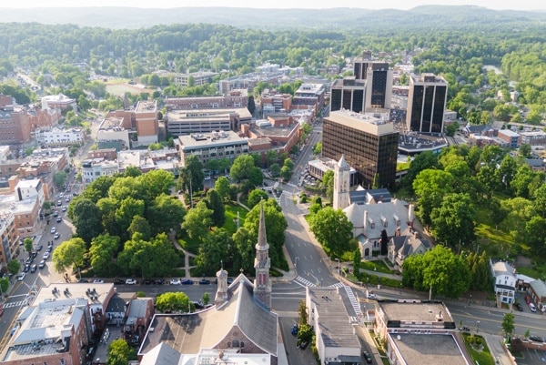 Downtown Morristown New Jersey featuring historic churches, business district, parks, and vibrant city center in Morris County NJ